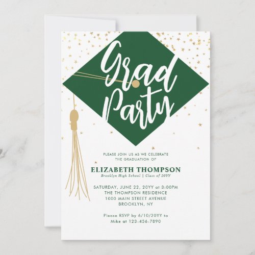 Modern GRAD Hat Cap Black Green Graduation Party Invitation