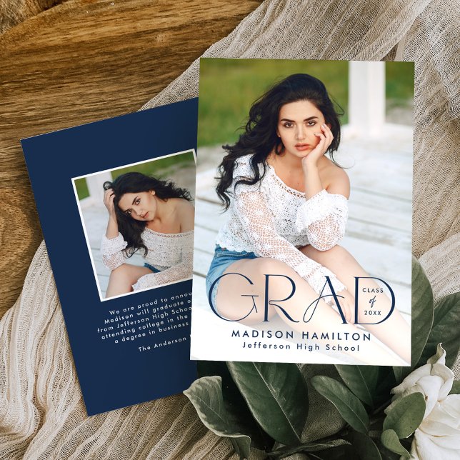 Modern Grad Navy Typography 2 Photo Graduation Announcement (Creator Uploaded)