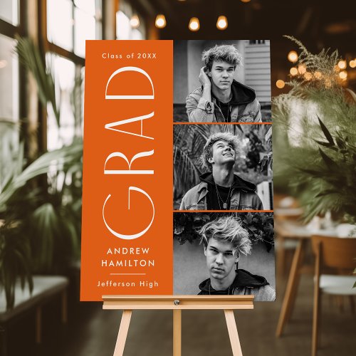 Modern Grad Orange 3 Photo Graduation Party Sign