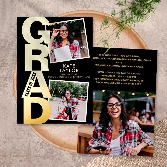 Modern Grad Party 3 Photo Black And Gold Foil Invitation (Creator Uploaded)