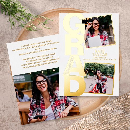 Modern Grad Party 3 Photo Gold Foil Invitation