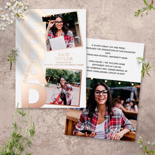 Modern Grad Party 3 Photo Rose Gold Foil Invitation