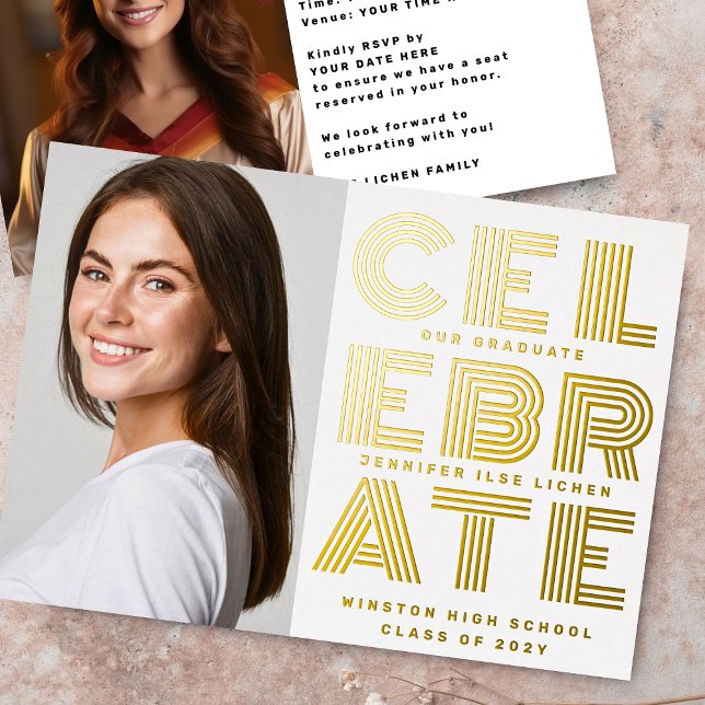 MODERN GRAD PARTY | Class of 2024 two photo gold Foil Invitation (Creator Uploaded)