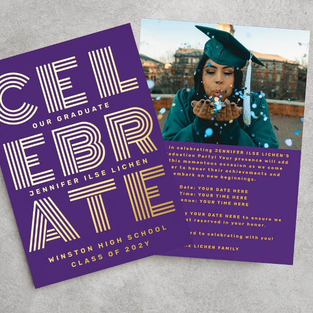 MODERN GRAD PARTY | Class of 2025 Purple Gold Foil Invitation (Creator Uploaded)