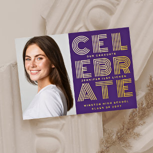 MODERN GRAD PARTY two photo gold purple Foil Invitation