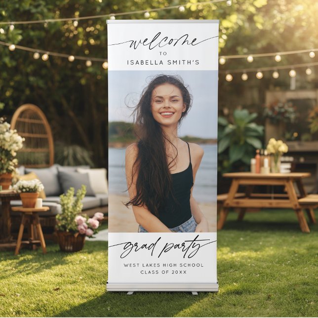 Modern Grad Party Welcome Elegant Script Photo  Retractable Banner (Creator Uploaded)