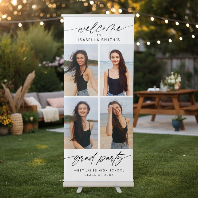 Modern Grad Party Welcome Script Photo Collage Retractable Banner (Creator Uploaded)