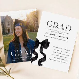 Modern Grad Photo Black Bow Graduation Thank You Card