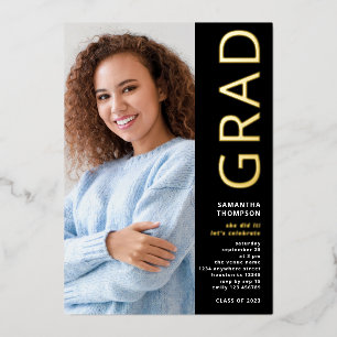 Modern Grad Photo Graduation Black Gold Real Foil Invitation