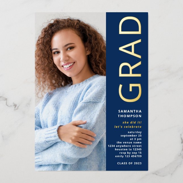 Modern Grad Photo Graduation Navy Gold Real Foil Invitation (Front)