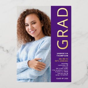 Modern Grad Photo Graduation Purple Gold Real Foil Invitation