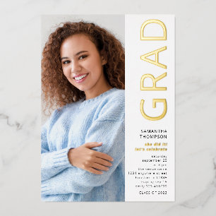 Modern Grad Photo Graduation White Gold Real  Foil Invitation
