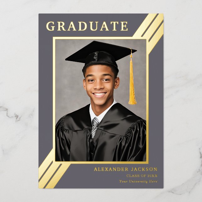 Modern Grad Photo Gray and Gold Foil Invitation (Front)