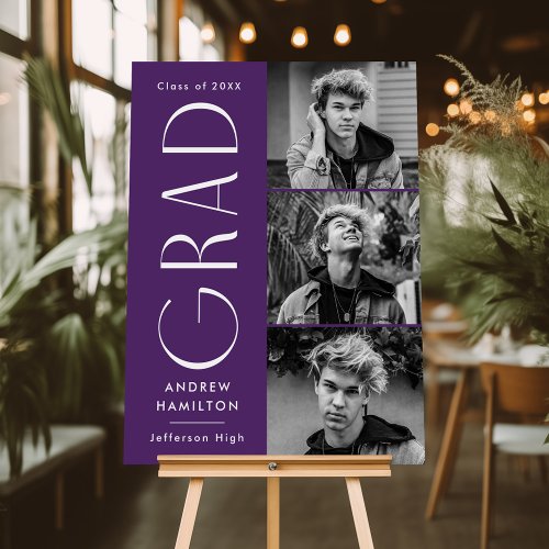 Modern Grad Purple 3 Photo Graduation Party Sign