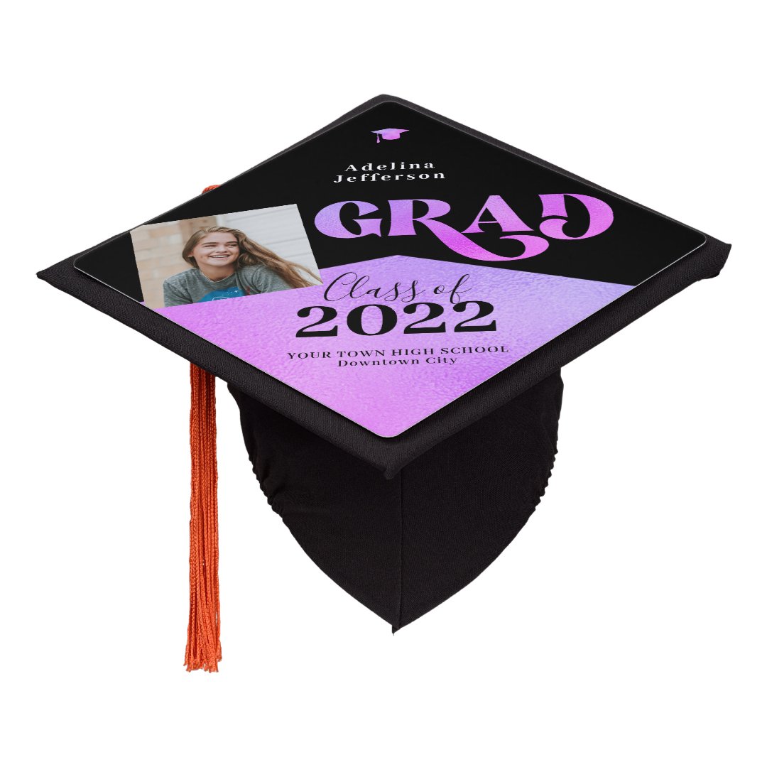 Modern grad purple glitter photo school year graduation cap topper | Zazzle