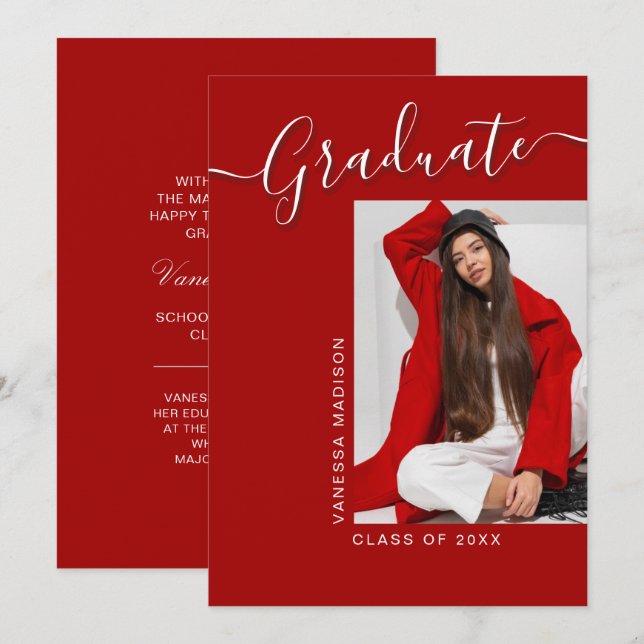 Modern Grad | Red 1 Photo Elegant Script Announcement (Front/Back)