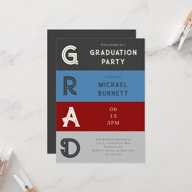 Modern Grad Red Gray Striped Graduation  Invitation (Front/Back In Situ)