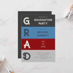 Modern Grad Red Gray Striped Graduation Invitation