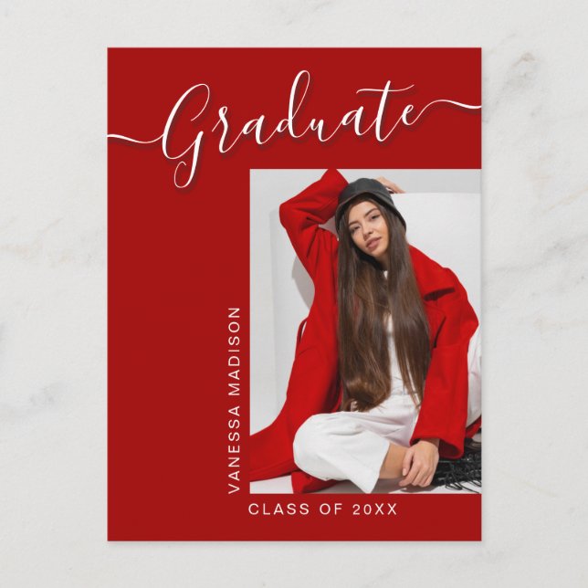 Modern Grad | Red Pink 1 Photo Elegant Script Postcard (Front)