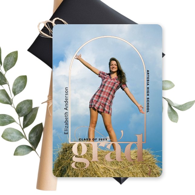 Modern GRAD Rose Gold Arch Photo Graduation Party Foil Invitation (Creator Uploaded)