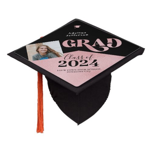 Modern grad rose gold glitter photo school year graduation cap topper