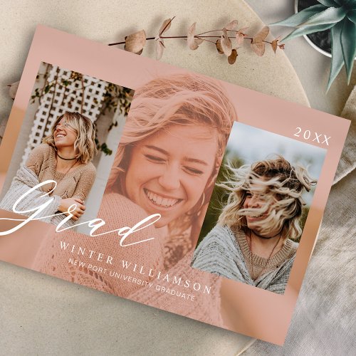 Modern Grad Scrip Pink Overlay Grad Three Photo Invitation