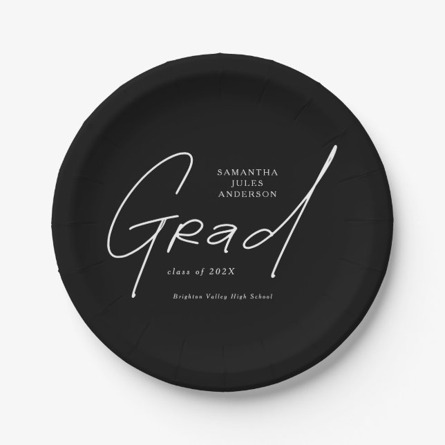 Modern Grad Script Typography Graduation Paper Plates (Front)