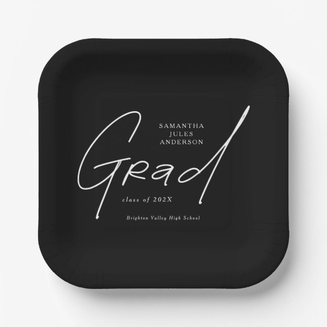 Modern Grad Script Typography Graduation Paper Plates (Front)