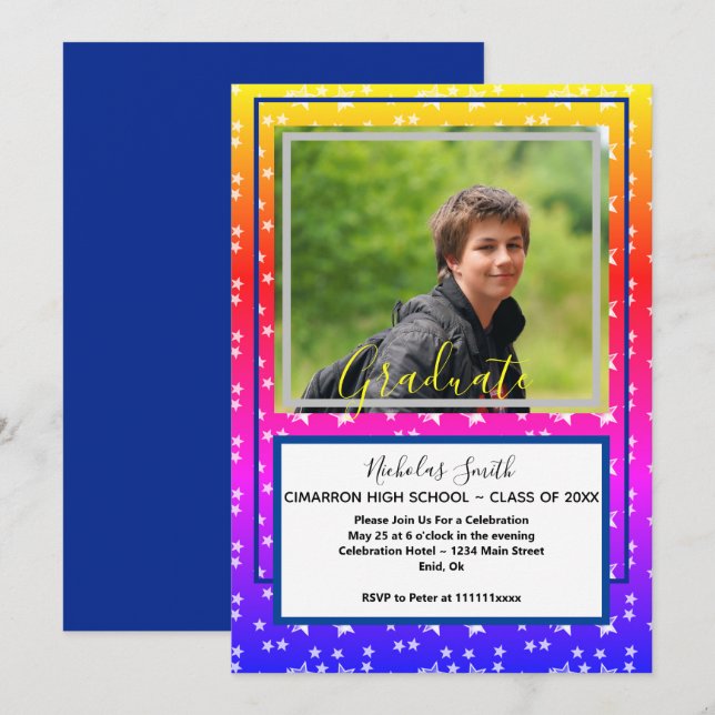 Modern Grad Stars Blue | Graduation Party Invitation (Front/Back)