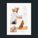 Modern Grad Type 3 Photo Collage Gold Announcement Postcard<br><div class="desc">This stylish design features typography with a modern 3-photo layout. Add your party details or message to the back.</div>