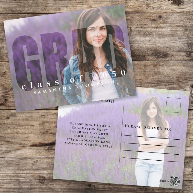 Modern Grad Typography Simple Two Photo Invitation Postcard (Clean modern grad typography card with two photos and stylish contemporary design.)