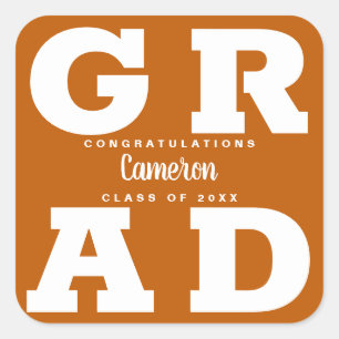 Modern Grad White on Burnt Orange Graduation Square Sticker