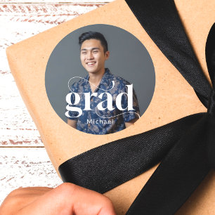 Modern Grad White Typography photo Graduation Classic Round Sticker