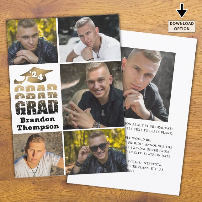 Modern Grad Year Black Gold Gradient 6 Photos Announcement (Creator Uploaded)