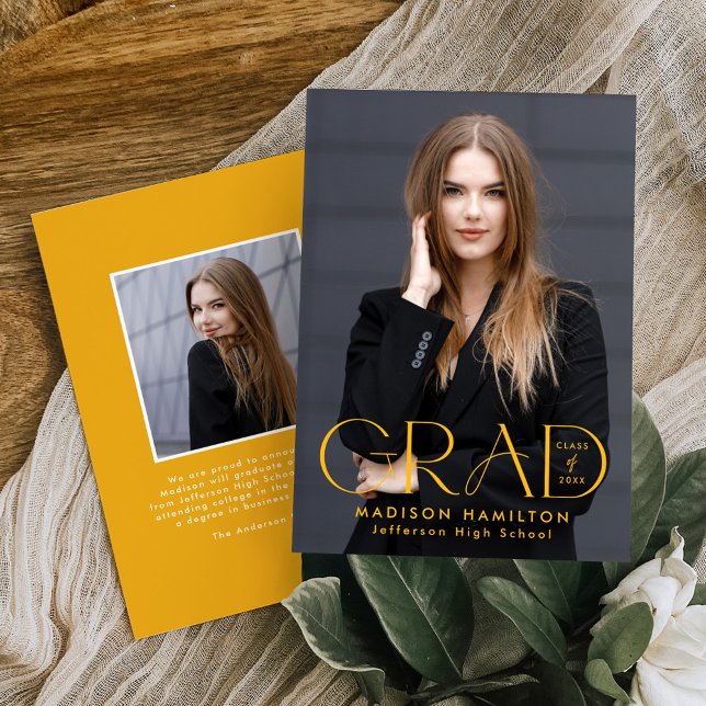 Modern Grad Yellow Typography 2 Photo Graduation Announcement (Creator Uploaded)