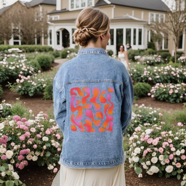 Modern Gradient Blobs Pattern in Pink and Orange Denim Jacket (Wedding Back)