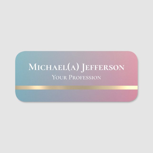Modern Gradient Blue Pink And Gold: Unique Elegant Name Tag (Front)