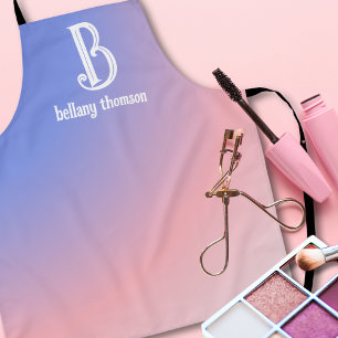Modern Gradient Blue Pink Monogram Makeup Artist Apron