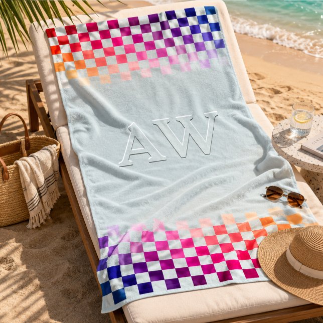 Modern Gradient Checkerboard Border Monogram Beach Towel (In situ AI generated picture)