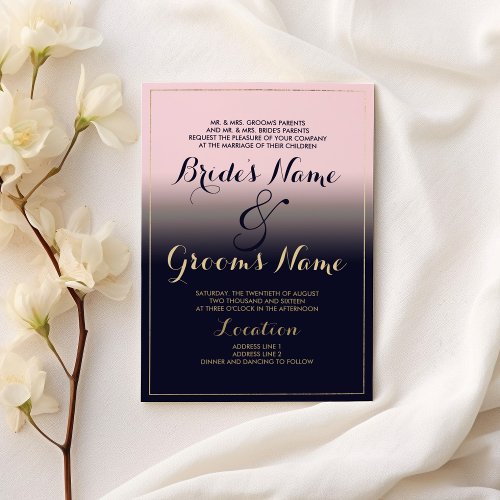 Modern gradient navy blue blush pink gold Wedding Invitation