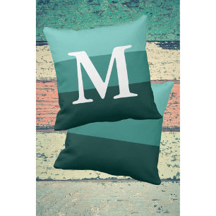 Modern Gradient Teal Stripes Big Letter Monogram Throw Pillow