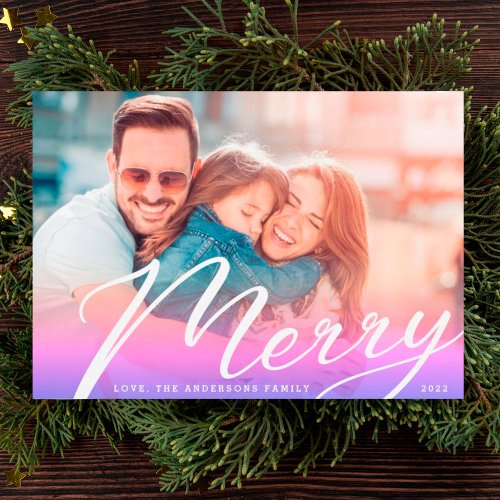 Modern Gradient White Merry Lettering Photo Holiday Card