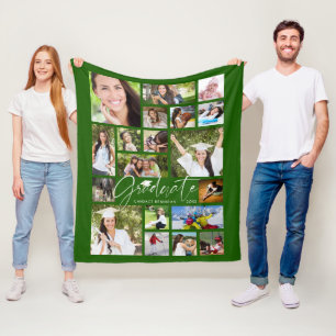 Modern GRADUATE 19 Photo Collage Script Green Fleece Blanket