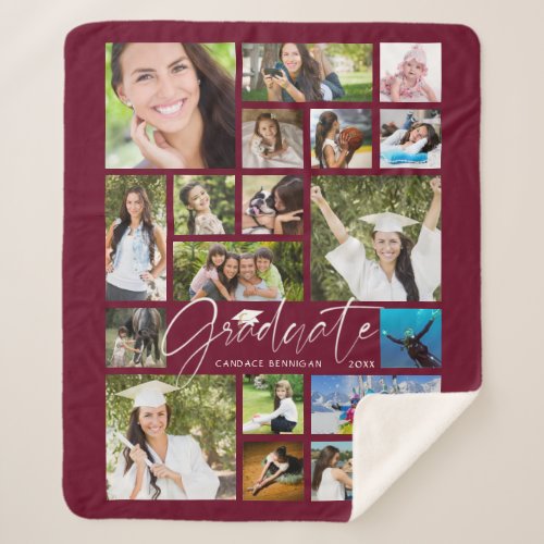 Modern GRADUATE 19 Photo Collage Script Maroon Sherpa Blanket