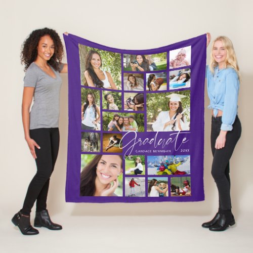 Modern GRADUATE 19 Photo Collage Script Purple Fleece Blanket