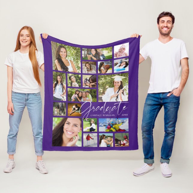 Modern GRADUATE 19 Photo Collage Script Purple Fleece Blanket (In Situ)