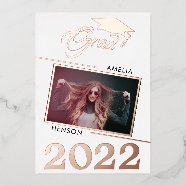 Modern Graduate 2 Photo Graduation Rose Gold Foil Invitation (Front)