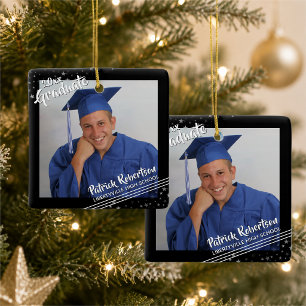 Modern Graduate 2 Photos Brush Script Black Stars Ceramic Ornament
