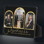 Modern Graduate | 3 Arched Photo Collage Plaque<br><div class="desc">Display your achievements with these modern, arched 3 photo plaque. Featuring a black backgound, script which reads 'GRADUATE', your favorite graduation photo's in the shape of arches, with a border of gold and personalized with, your school/college name and the class of 20XX. Background color can be changed by clicking on...</div>