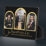 Modern Graduate | 3 Arched Photo Collage Plaque<br><div class="desc">Display your achievements with these modern, arched 3 photo plaque. Featuring a black backgound, script which reads 'GRADUATE', your favorite graduation photo's in the shape of arches, with a border of gold and personalized with, your school/college name and the class of 20XX. Background color can be changed by clicking on...</div>